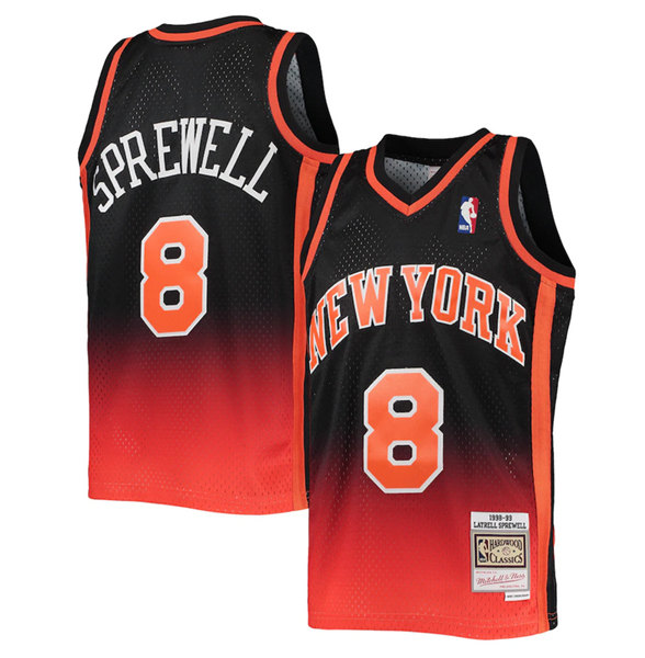 Men's New York Knicks #8 Latrell Sprewell 1998-99 Orange/Black Throwback Stitched Jersey
